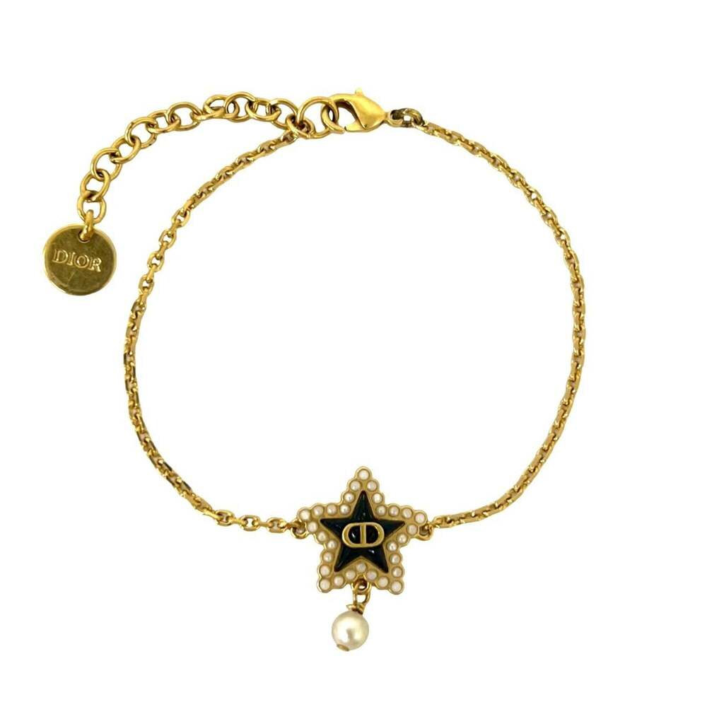 Christian Dior Dior CD Logo Star Motif GP Faux Pearl Chain Bracelet - Gold